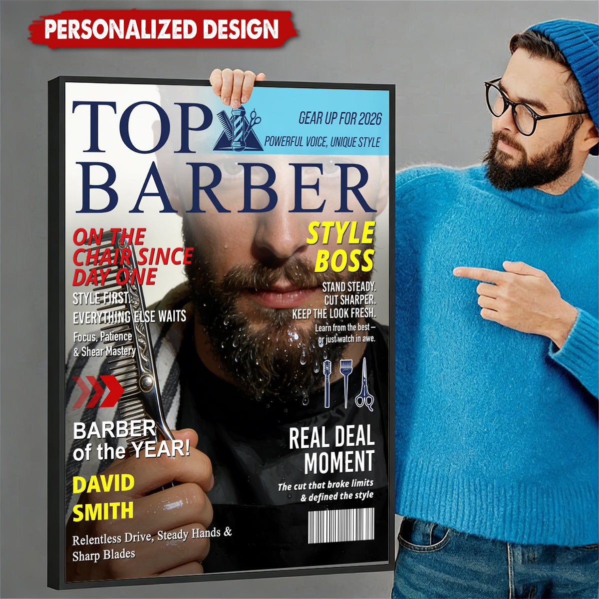 Personalized Barber Magazine Cover Poster, Custom Barber Photo Canvas