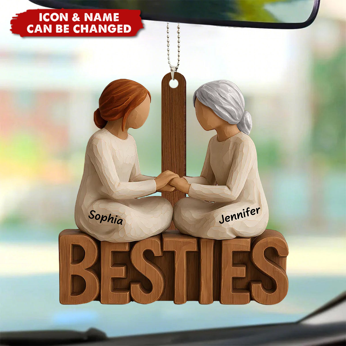 Besties Forever Together - Personalized Wooden Car Ornament - Gift For Best Friends