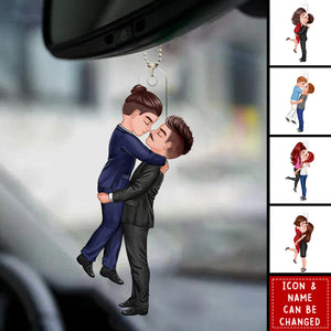 Personalized Couple Hugging Kissing Acylic Car Ornament - Heartfelt Gift For Him, Her, Wife, Husband, Couple