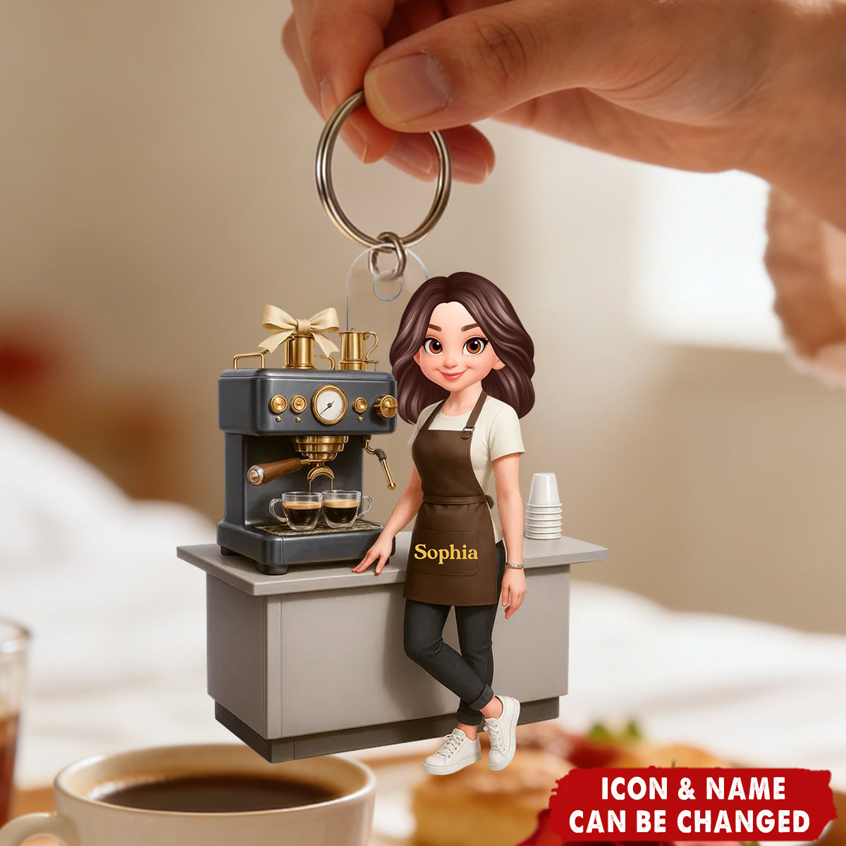 Espresso Machine Coffee Maker Diorama With Cups - Personalized Acrylic Keychain