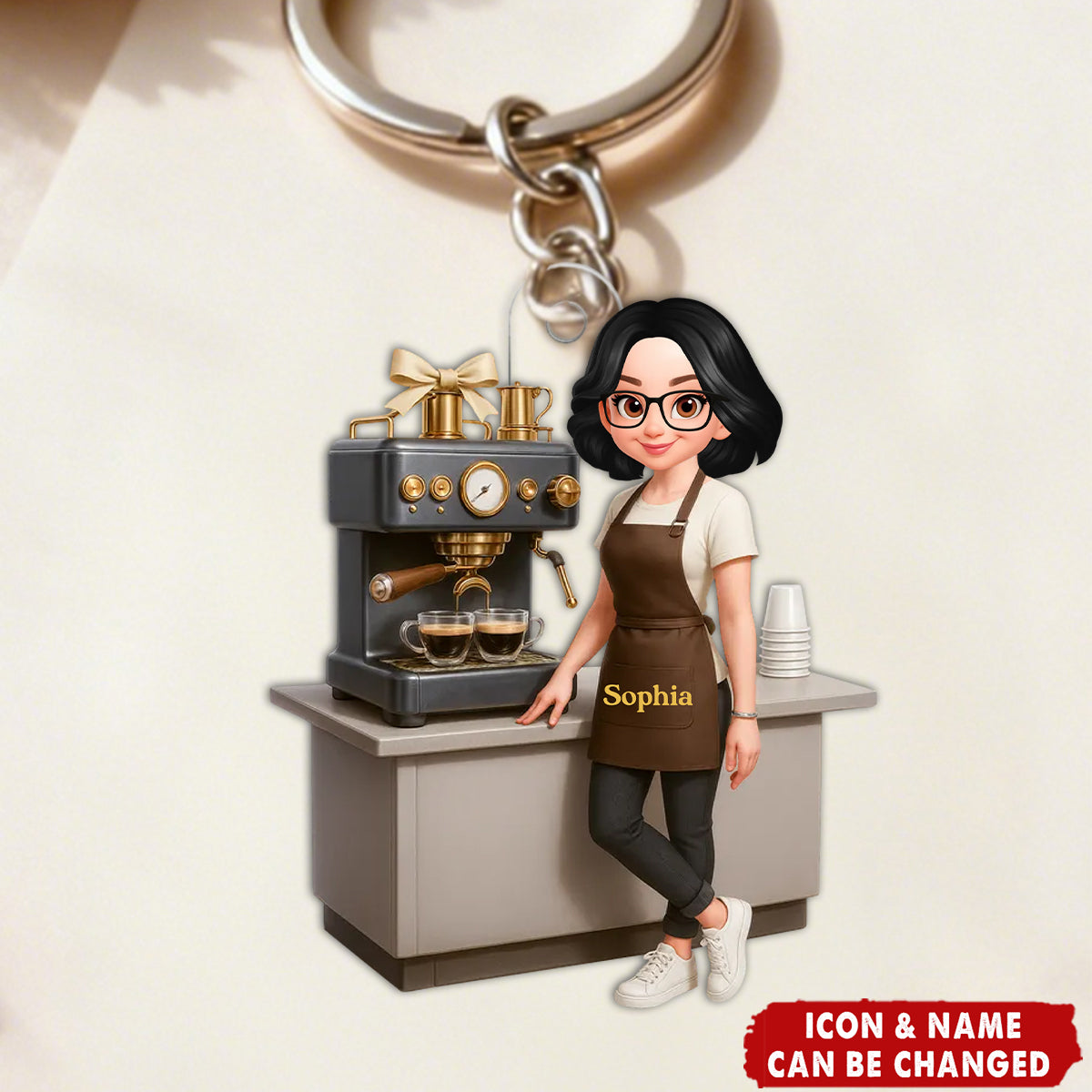 Espresso Machine Coffee Maker Diorama With Cups - Personalized Acrylic Keychain