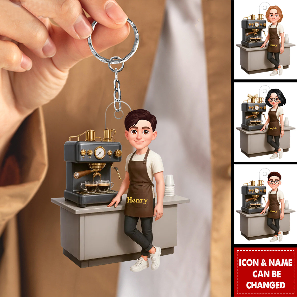 Espresso Machine Coffee Maker Diorama With Cups - Personalized Acrylic Keychain
