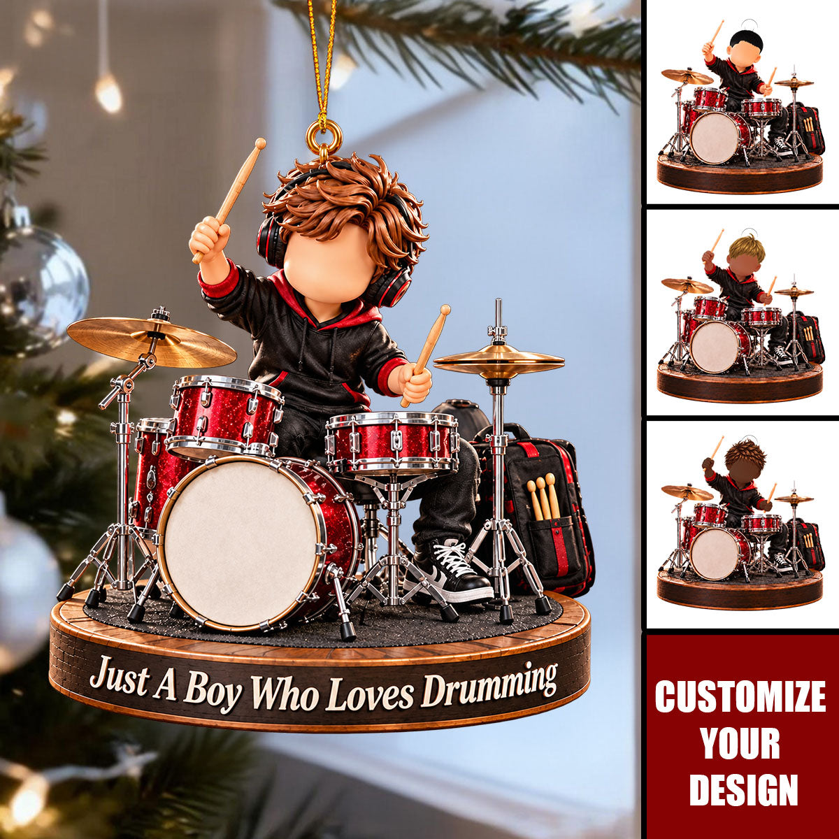 Personalized Drumming Boy Ornament - Custom Name Gift For Drummer