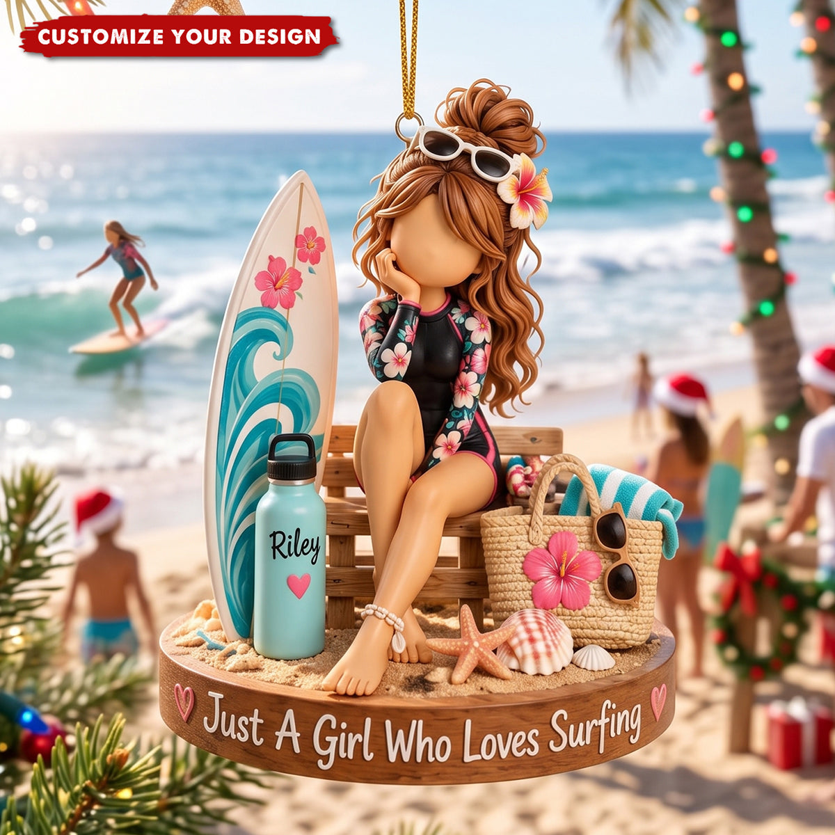 Personalized Surfing Ornament - Custom Name Surfer Girl Gift