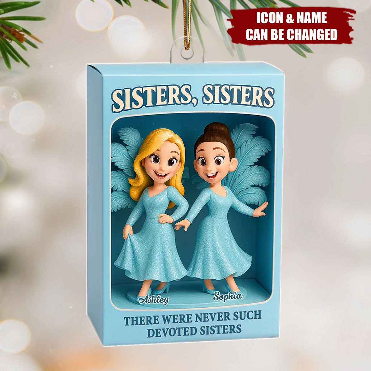 Sisters Besties in Blue Dress Custom Name Toy Box Figure Style Acrylic Ornament