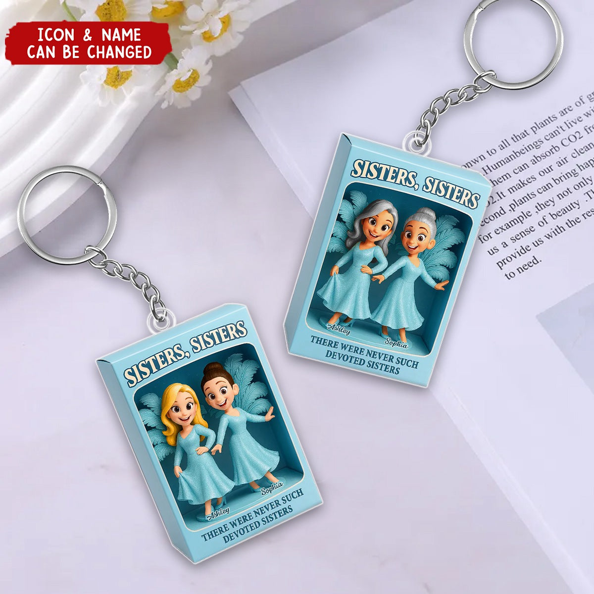 Sisters Besties in Blue Dress Custom Name Toy Box Figure Style Personalized Acrylic Keychain
