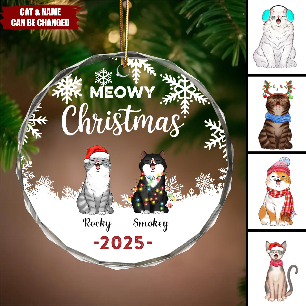Cute Meowy Christmas - Personalized Glass Ornament