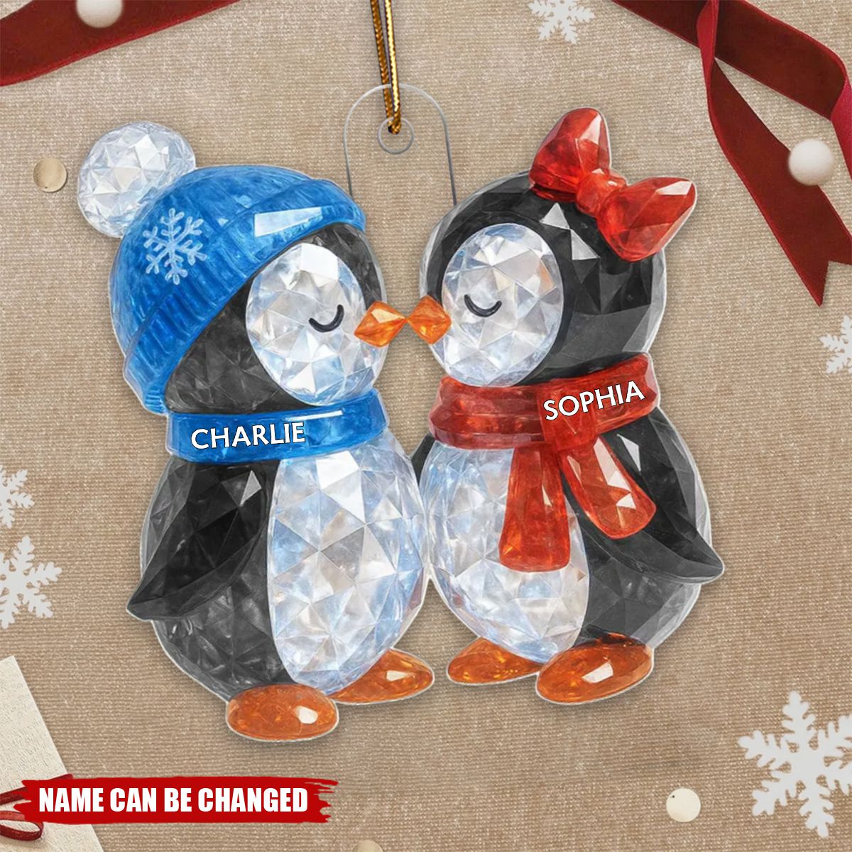 Christmas Penguins Couple Crystal Effect Personalized Acrylic Ornament - Heartwarming Christmas Gift for Couple