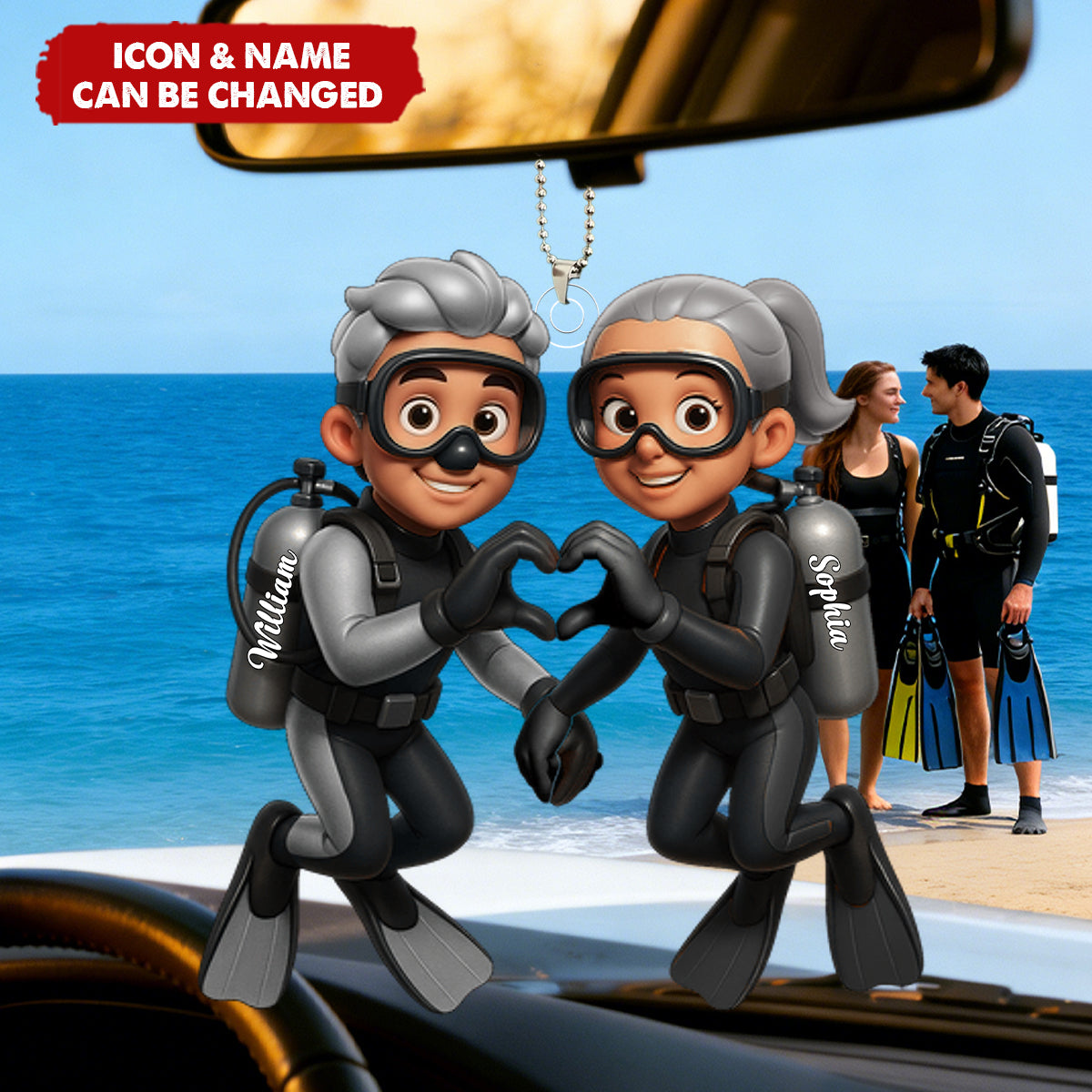 Diving Couple Home Decor, Personalized Car Ornament