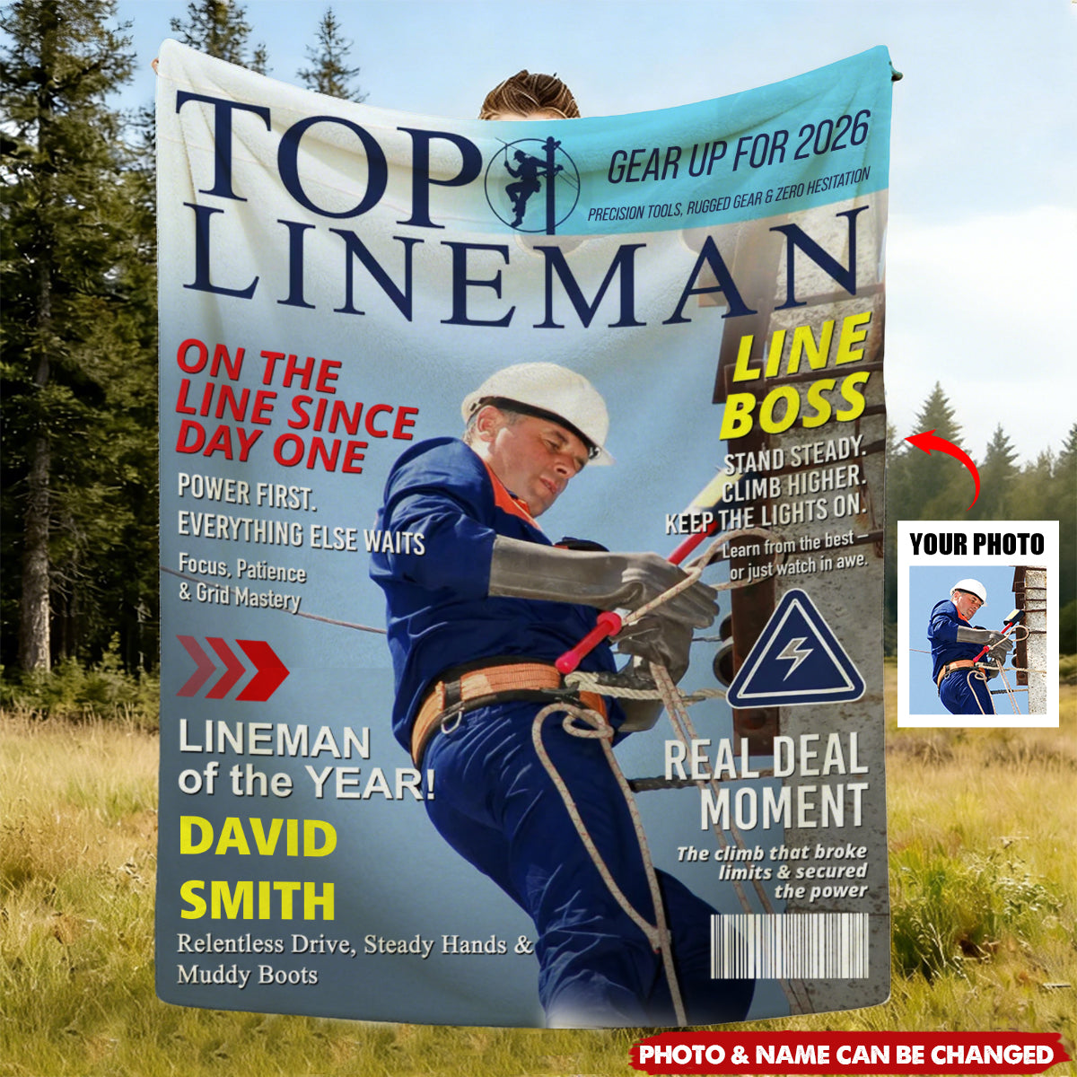 Personalized Lineman Magazine Blanket,  Powerline Worker Gift, Birthday, Retirement & Utility Worker Keepsake