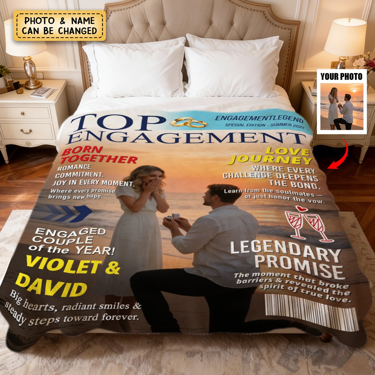 Personalized Engagement Magazine Blanket, Gift For Engaged Couple, Custom Couple Photo, Engagement Gift, Wedding Keepsake