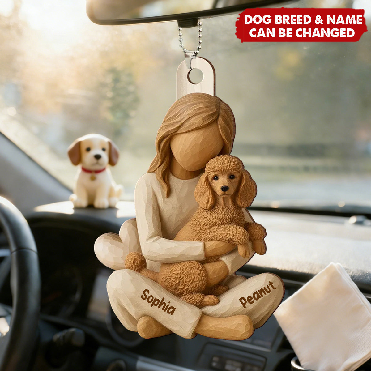 Girl & Her Dog - Personalized Wooden Car Ornament - Gift For Dog Lover