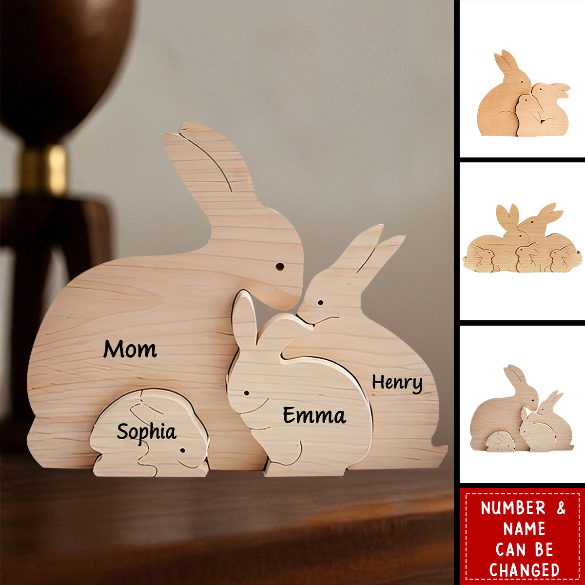 Easter Wooden Bunny Family Puzzle - Personalized Easter Day Easter Wooden Bunny Family Puzzle