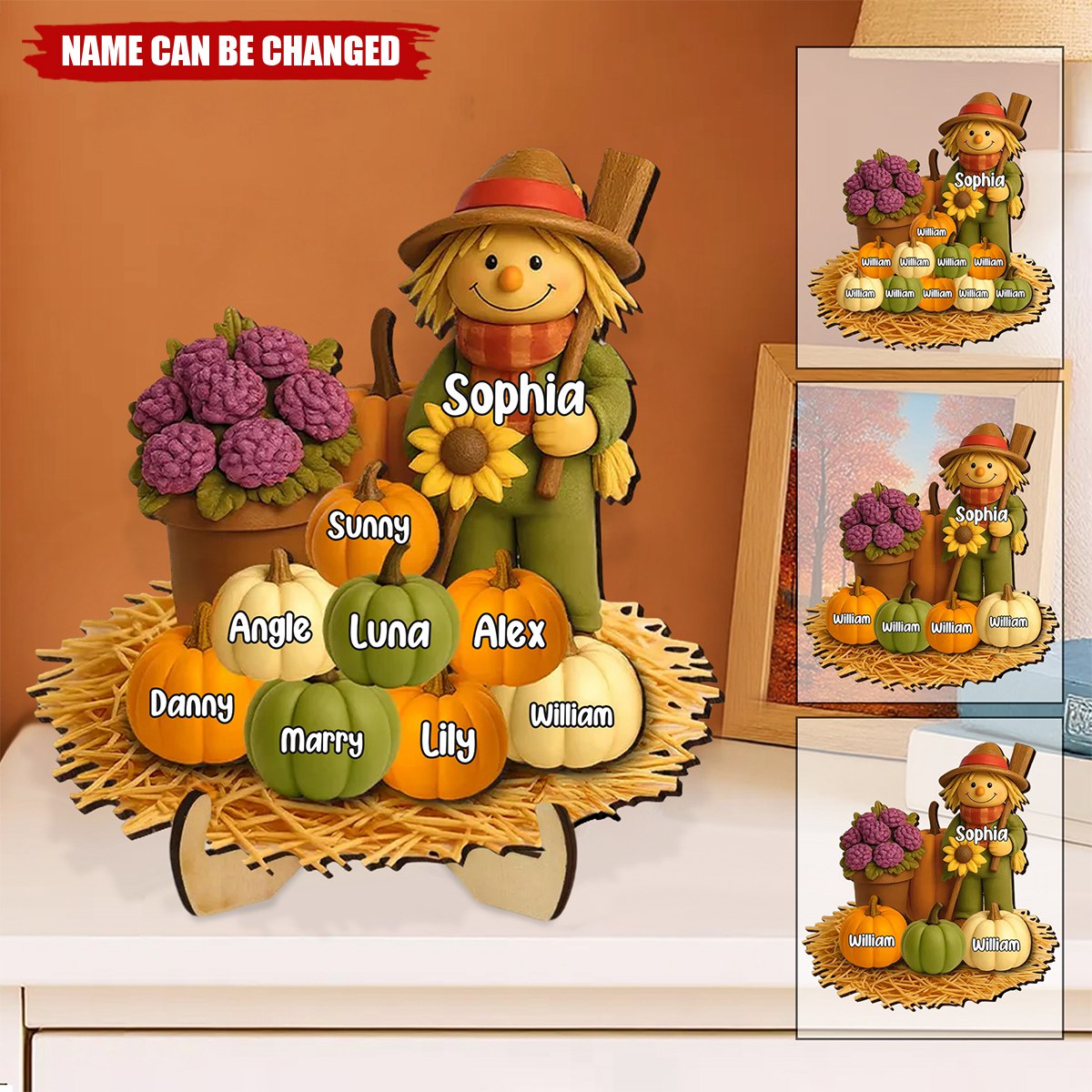 Fall Scarecrow Grandma with Pumpkins Grandkids Names Personalized 2-Layer Wooden Plaque
