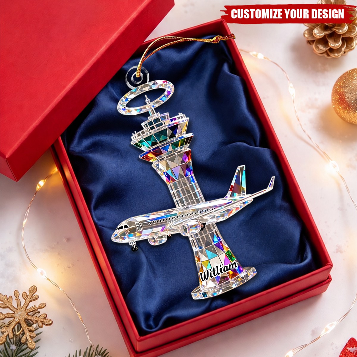 Personalized Airplane Tower Christmas Ornament, Custom Name Airplane Ornament