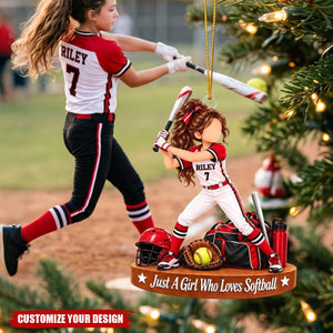 Personalized Softball Girl Acrylic Ornament, Custom Name Player Christmas Gift